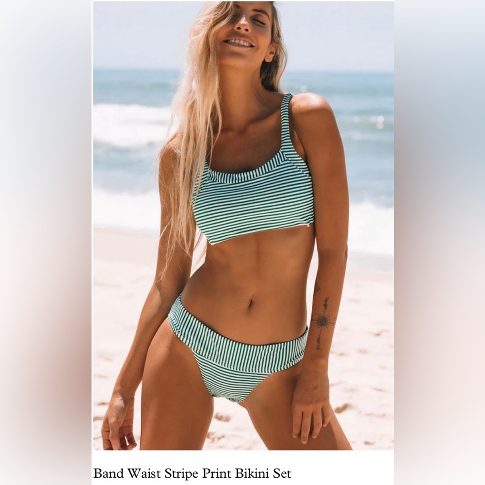 Band Waist Stripe Print Bikini Set
